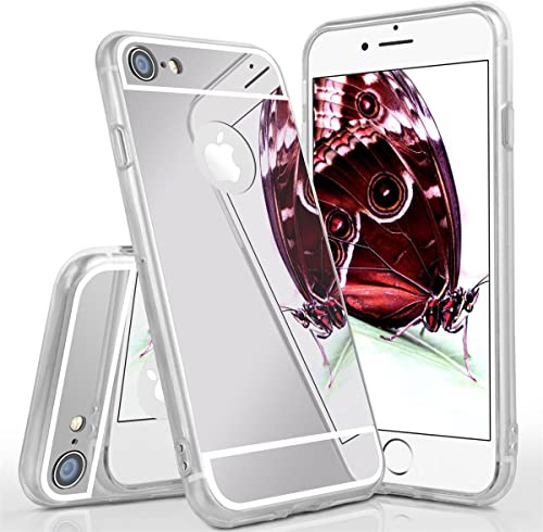 moex Mirror Case für iPhone 7 / iPhone 8 Hülle mit Spiegel und erweitertem Kantenschutz aus Silikon, Handyhülle verspiegelte Rückseite, Stylische Handy Schutzhülle dünn, Silber