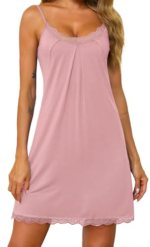 Lovasy Nuisette Sexy Femme Court Chemise de Nuit Cotton en Dentelle Légère Babydoll Grande Taille Bretelles Spaghetti Reglables Fond de Robe Col en V sans Manches