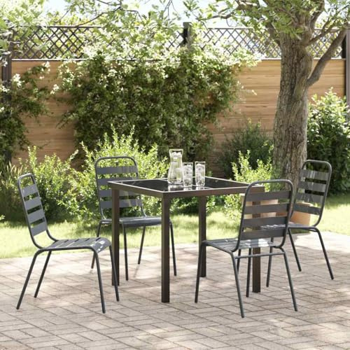 Qnhdfrt Gartenmöbel Set 5-TLG Industrie-Design Esstisch 80x80 cm mit Stapelstühlen aus pulverbeschichtetem Stahl & Glasplatte dunkelgrau wetterfest für Balkon Terrasse Garten