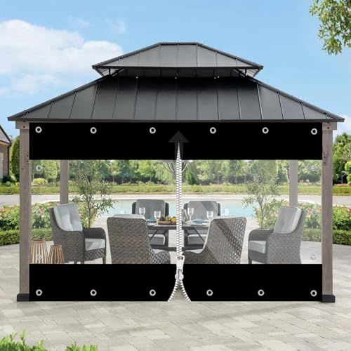 Transparente Plane, 650g/m² PVC Plane, Outdoor Vorhang mit Reißverschluss | Wasserdiche Abdeckplanne Windschutz und Regenschutz für für Pavillon, Balkone, Terrassen (Schwarz, Höhe 2.4m x Breite 2.1m)