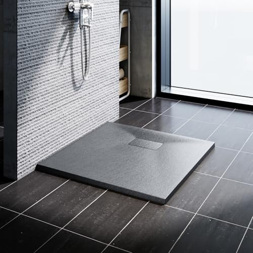 SONNI Duschwanne 80x80 cm, 32 mm Extra Flach, Grau, SMC, Ohne Siphon | Extra flache Duschwanne in Schieferoptik mit rutschhemmender Oberfläche für sicheren Stand und eine moderne Badgestaltung