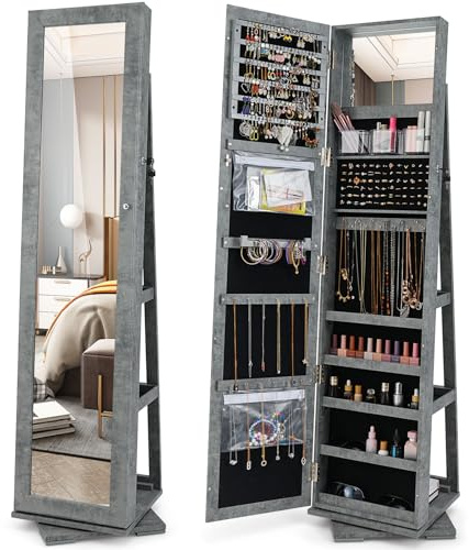 RELAX4LIFE 3-in-1 Schmuckschrank drehbar, mit Ganzkörperspiegel & eingebautem kleinen Spiegel, Spiegelschrank & Schmuckregal, Schrank für Schmuckaufbewahrung, abschließbar (Vintage Grau)