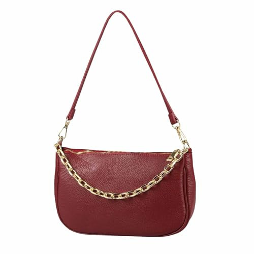 Made in Italy Damen Leder Tasche Pochette mit Kette Schultertasche Handtasche City Bag Umhängetasche Clutch Ledertasche Bodybag Schmucktasche Crossbody Cross-Over (Dunkelrot)