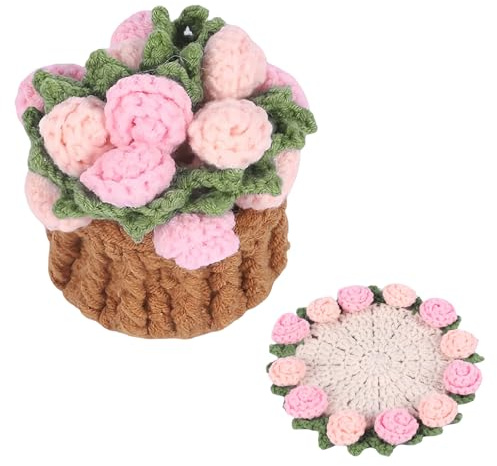 Richaa Crochet Pink Rose Flower Bouquet Coaster with Mini Basket, Handmade Knitted Boho Floral Coasters, Romantic Gift for Mother's Day Birthday Home Decor Valentine's Day Anniversary