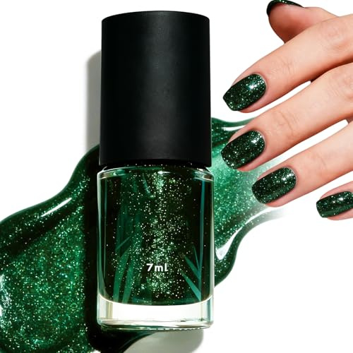Glitter Dark Green Nail Polish, Green Nail Varnish & Dark Green Gel Nail Polish, Quick Dry Long-Lasting High Pigmented, No UV Lamp Needed Nail Art for Women Girls