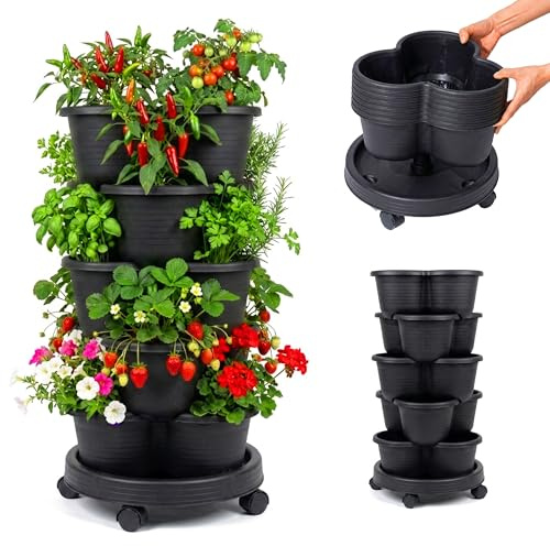 Relaxdays Pflanzturm, vertikaler Garten, stapelbar, auf Rollen, schwarz | HxD: 66x33 cm, Erdbeer-Turm mit 5 Etagen, PP