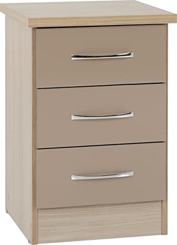 Seconique Nevada 3 Drawer Bedside in Oyster Gloss/Light Oak Effect Veneer
