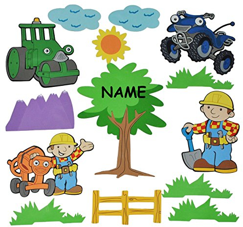 alles-meine.de GmbH 14 TLG. Set: 3-D Wandbild/Wandtattoo/Türschild - Bob der Baumeister aus Moosgummi incl. Namen - Auto Baustelle Rollo Wandsticker Wanddeko für Kinderzimmer..