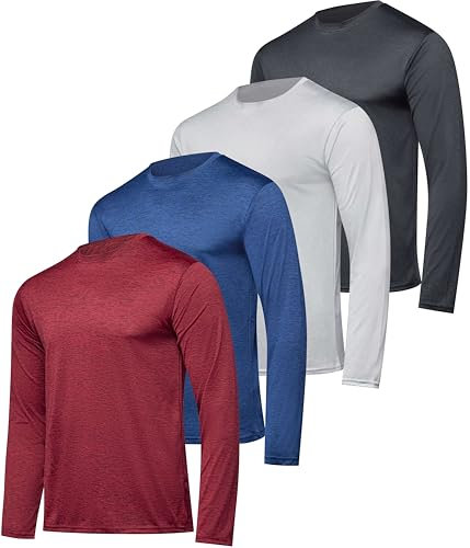 4 Pack: Mens Long Sleeve T-Shirt Workout Football Quick Dry Fit Gym Tee Shirt Athletic Active Performance Skin Rugby Training Wicking Exercise Clothing Running Sport Undershirt Top -Set 3,L