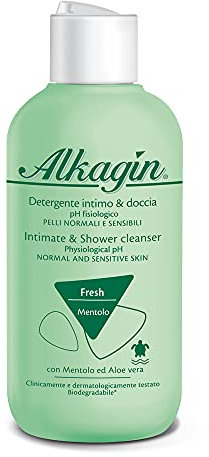 Alkagin Detergente Intimo & Doccia pH fisiologico per l'igiene di tutto il corpo, Arricchito con Mentolo ed Aloe vera, Per Pelli Normali e Sensibili, Formato 250 ml