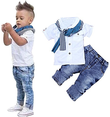 Battnot Baby Jungen Bekleidungssets 3tlg Sets Kurzarm T-Shirt Tops+Schal +Denim Lange Jeanshosen 3er Neugeborene Sommer Solide Outfits Knöpfe, 2-5 Jahre Kleinkind Kinder Boys Gentleman Kleidung