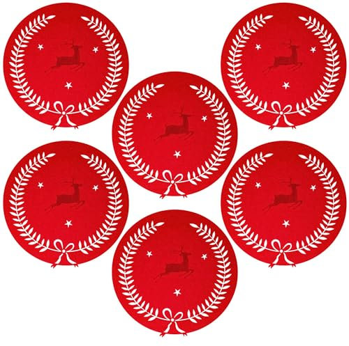 NAMAI-Set 6 Sottopiatti Natalizi-Diametro 33CM-Materiale Feltro-Sottopiatti Natalizi Rossi-Impermeabili e Resistenti-Regalo di Natale-Tovagliette Rotonde-Sottopiatti Rotondi (RENNA E FIOCCO)