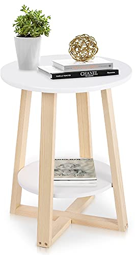 Greensen Kleine Beistelltische Weiss, Rund Beistelltisch 2 Tiers Nachttisch mit Stauraum Moderner Telefontisch Holz Kaffeetisch Sofatisch Klein für Wohnzimmer Schlafzimmer Garten Weiß 40×40×50.5 cm