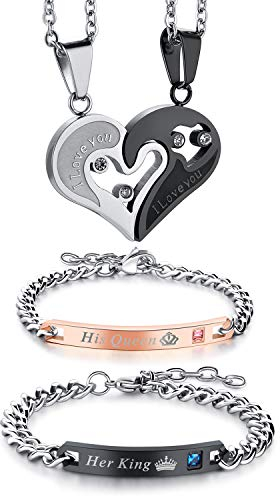 Cupimatch Schmuck Set Pärchen Puzzle Anhänger Edelstahl Halskette Armbänder Panzerarmband Zirkonia Panzerkette Partnerarmband Freundschaftsarmband Damen Herren Armreif, Silber Schwarz