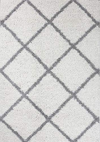 Hochflor Teppich Wohnzimmer Shaggy weich modern Rauten Muster Grau Anthrazit Creme Schwarz Rot Lila Beige, Farbe:Weiß, Maße:200x280 cm