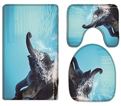A.Monamour Badezimmer Badematte 3 Teilig Set Lustiger Tierelefant, Blauen Wasser des Wassers Schwimmt Flanell WC Toilette Deckel Deckt Bad Matte Teppich Badteppiche Badvorleger Badgarnitur Vorleger