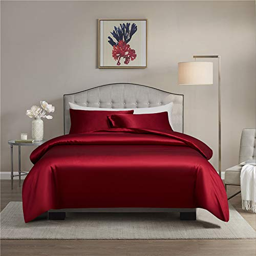 Gnomvaie Luxus Satin Bettbezug 220x240 cm, 3 Teilig Weinrot Glatt Glänzend Seidig Angenehm Glanzsatin Polyester Bettwäsche Set mit Kissenbezug 80x80cm