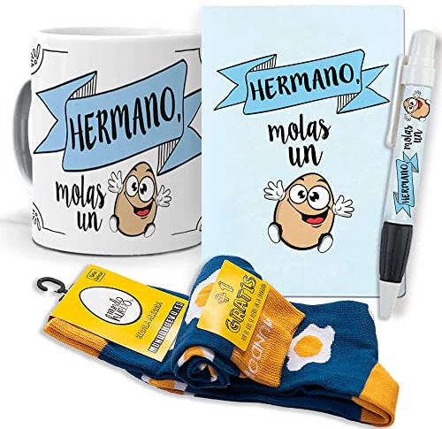 Super Regalo Personalizado para Hermanos. Hermano molas un Huevo. Taza, libreta, boli y Trio de Calcetines