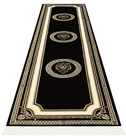Belle Arti Premium Flur Teppich Läufer Teppichläufer Kurzflor Flur Schwarz Gold Mäander Löwen Kopf Muster rutschfest Fransen Seidenglanz 100% Viskose - 80x200 cm
