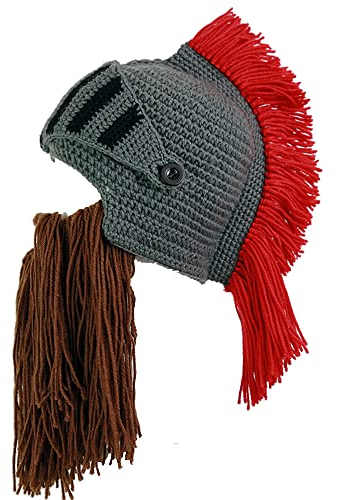 YEKEYI Perücke Bartmützen Barbarian Strick Bartmütze Perücke Beanie Hut Lustig Roman Cosplay Ritter Helm Strickmütze Bart Gesichtsmaske, Coffee Beard, 7 1/8
