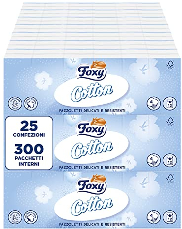 Foxy Taschentücher / 25 Packungen mit je 12 Paketen / 4-lagig/mit echten Baumwollfasern / 100% FSC-zertifiziertes Papier/Verpackung 100% recycelbar