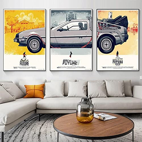 XIANGPEIFBH Wandkunst Bilder Science Fiction Filme Poster Zurück in die Zukunft Film Leinwand Gemälde Vintage für Wohnzimmer Wohnkultur 60x80cm(24x31in) x3 Innenrahmen