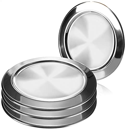 com-four® 4x Servierplatte - Dekoteller aus Edelstahl Ø 39 cm - rundes Tablett zum Servieren und Dekorieren - elegant verziertes Serviergeschirr (39cm - Teller Edelstahl - 4 Stück)