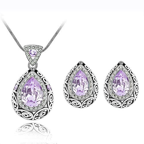 Jewellery Set for Women Necklace and Earring Set Prom Bridal Wedding Blue Sapphire Pendant Necklace Sparkling Crystal Pendant Ladies and Girls (Violets)