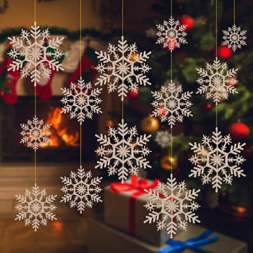 24 Stück Schneeflocken Weihnachten Deko,Weihnachtsbaumschmuck Weihnachten Glitzer Schneeflocken Anhänger Hänge Ornamente für Weihnachtsbaum Weihnachten Deko (Champagnergold)