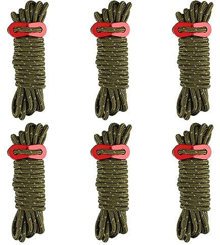 Azarxis Corde de Tente Réfléchissante 4 m Corde Nylon avec Tendeur en Aluminium Léger Φ4mm Ficelle 6 Pièces pour Bâche Fixation Camping (02 Vert armé - 6 Pièces - Φ4mm)