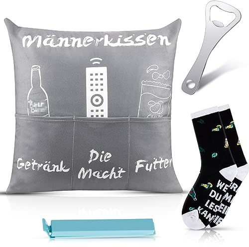 Queekay Männer Geschenk 43 x 43 cm Männerkissen Kissenbezug mit Taschen zum Befüllen Socken mit Spruch Edelstahl Flaschenöffner und Tüten Clip Lustig Geschenke für Vater Männer
