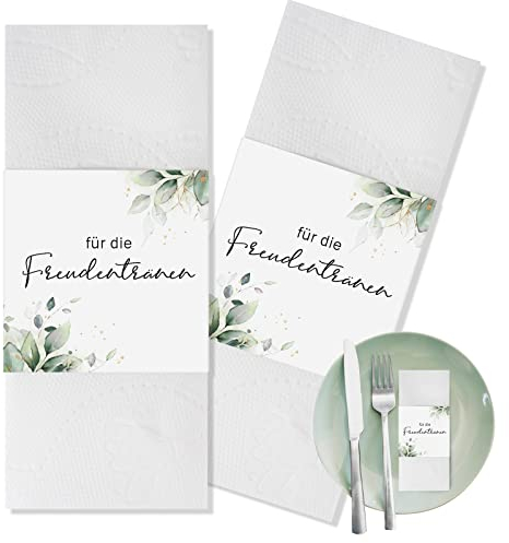 50 Stück Freudentränen Banderolen 13 x 5,5 cm Taschentücher Banderole Serviette Mit Doppelseitiges Klebeband für Hochzeit Jubiläum Geburtstag Taufe (Weiß)