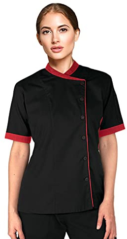 Uniformates Kurzärmliger Damen-Kochmantel mit Kontrastkragen (Schwarz, XL)