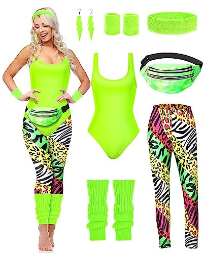 7-teiliges 80er-Jahre-Workout-Kostüm, 80er-Jahre-Zubehör-Set, 80er-/90er-Jahre-Trikot, Leggings, Stirnband, Armbänder, Beinstulpen, Ohrringe, Bauchtasche (Helles Zebra, Größe XL)