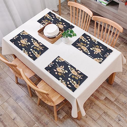 Placemats Set of 4,Watercolor Gold Rosa Blush Noisette Modern Rose Floral Pattern Flower Drawn,Washable PVC Place Mats, Woven Vinyl Plastic Placemats for Dining Table, Non-Slip Kitchen Placemats
