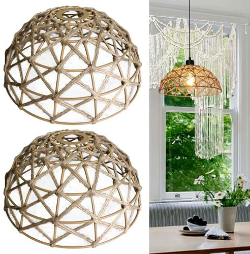Osasy Pair of Natural Hand-Woven Ceiling Pendant Light Shade Lamps Shade Light Shades Ceiling Living Room Weave Hemp Rope Lampshade - Natural