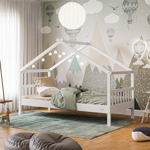Alcube® Helia Hausbett 160x80 in weiß I TÜV zertifiziertes stabiles Kinderbett mit Rolllattenrost aus zertifiziertem Massivholz I kombinierbar mit Matratze, Deko oder extra Rausfallschutz