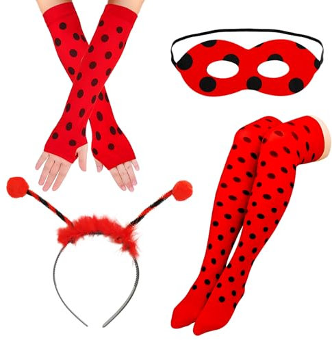 4Pcs Marienkäfer Kostüm Damen Set Marienkäfer Haarreif Marienkäfer Strümpfe Overknees Marienkäfer Handschuhe Fingerlose Marienkäfer Filzmaske Marienkäfer Kostüm Set für Fasching Halloween Mottoparty