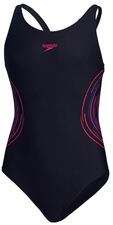Speedo Placement Muscleback-Badeanzug für Mädchen, Marineblau (Electric Pink), True Cobalt
