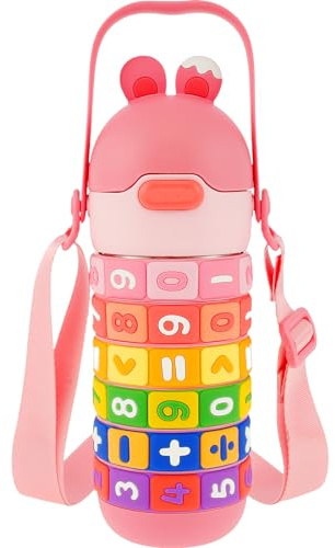 Kids Insulated Water Bottle with Straw, 430ml Stainless Steel Drinking Bottles, Kids Cup Toddles Water Flask Leakproof Travel Bottles with Handle, Gifts for Boys Girls Birthday Christmas(pink)