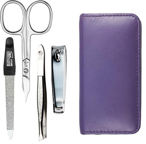 Maniküre Set 4 teilig Reise Etui - Nagelschere, Nagelknipser, Nagelfeile und Pinzette - Etui aus echtem Nappa-Lammleder - Maniküre und Pediküre (Lila)