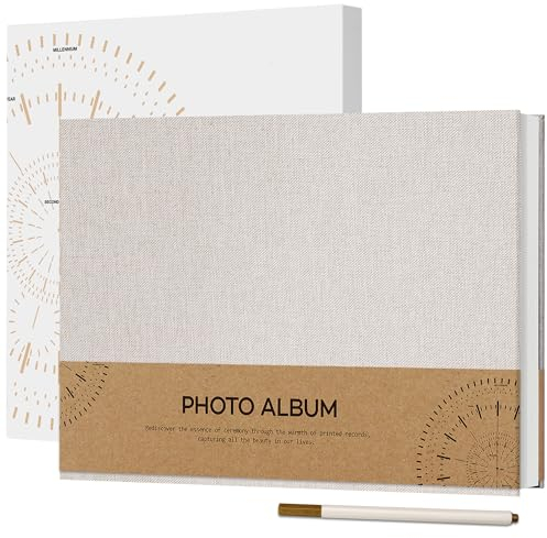 Vienrose Álbum de Fotos Autoadhesivo para Fotos 10x15, Pequeño Álbum de Recortes de Lino 60 Páginas Blancas DIY Libro de Recortes con Bolígrafo de Metal, 21,5x30 cm Beige