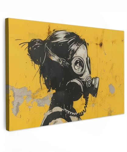 MuchoWow© Leinwand Bilder Klein 30x20 cm Mini Wanddeko Wohnzimmer Aesthetic Room Decor Deko Zimmer Wandbilder Modern Bild auf Leinwand Vintage - Street art - Mädchen - Maske - Gelb - Banksy