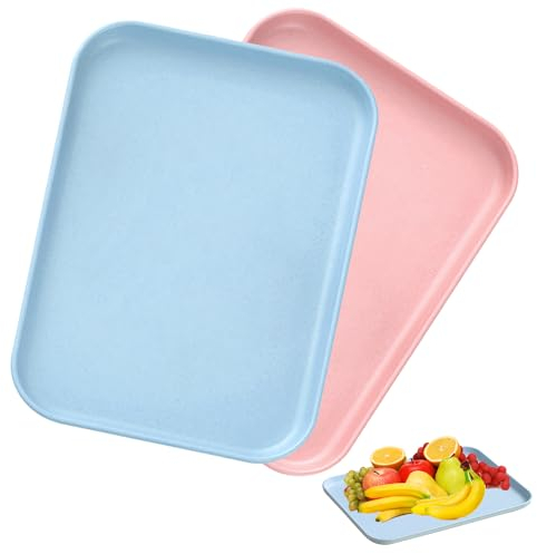 2 Piezas Bandeja Cocina, Bandeja Plastico Rectangular, Bandeja Antideslizante, Bandeja Comida de 30,3 * 22 Cm, Rosa y Azul Bandejas Plastico, Bandejas Duradera para Cocina, Salón, Comedor, Cafetería
