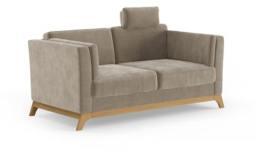 Cavadore 2,5er-Sofa Vida / 2,5-Sitzer Couch im trendigen Design mit massivem Holzrahmen in Eiche, Kopfstütze mit Kuschelkissen / 183 x 84 x 93 / Mikrofaser, Perlbeige