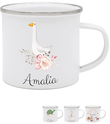 wunderwunsch Emaille Tasse Kinder personalisiert, Trinkbecher mit Namen | Kleiner Emailletasse Camping Becher für Mädchen und Jungs, Kindertasse zum Kindergarten und Schulanfang oder Weihnachten