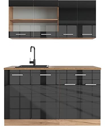 Vicco Singleküche R-Line, Anthrazit Hochglanz/Goldkraft Eiche, 140 cm, AP Eiche