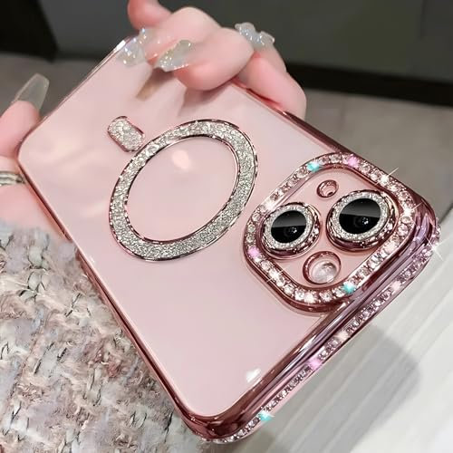 Bakicey Hülle für iPhone 11,Kantenbohren mit Mag-Safe TPU Handyhülle Durchsichtig Glitzer Schutzhülle Süße Kratzfest Bling Bling Luxuriös Case Cover für iPhone 11,Rosa