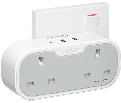 Double Plug Adaptor, VINTAR Multi Plug Extension Socket with 2 USB 1 USB C Ports, 2 Way Plug Adapter UK, 13A UK 3 Pin Wall Multiplug Extender for Bedroom, Office, Kitchen, 1 pack