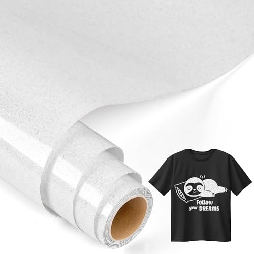 IModeur Glitter White Iron on Vinyl — 30.5 x 153 cm Heat Transfer Vinyl for Fabric, PET Backing White Vinyl for T-Shirts, Clothes, Hats, Bags and Other Textiles, HTV Vinyl Roll Easy to Weed
